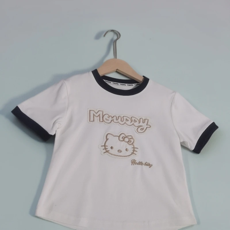 女童卡通KT猫刺绣拼色圆领短袖上衣小孩衣服