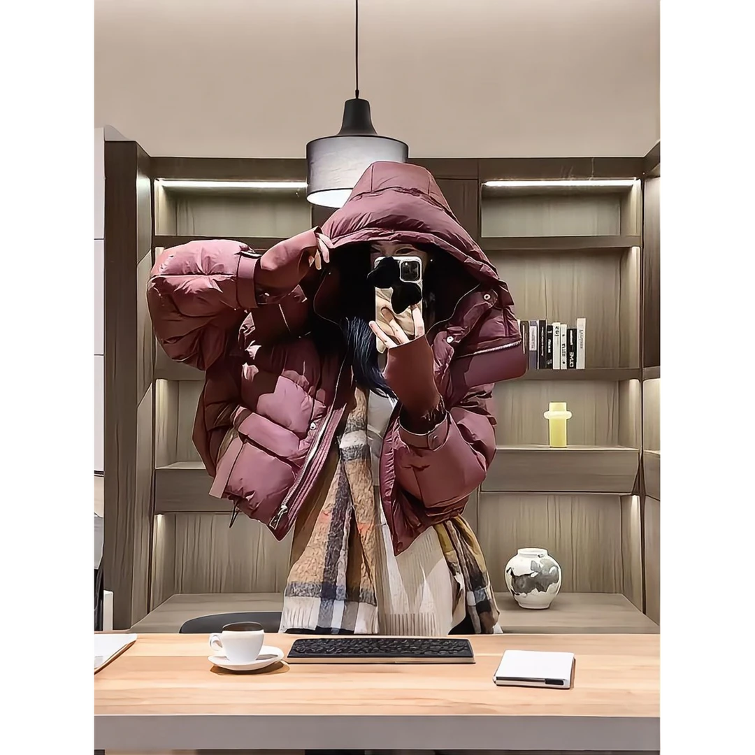 冬季白鸭绒羽绒服女式新款时尚短款加厚保暖连帽面包服羽绒服外套