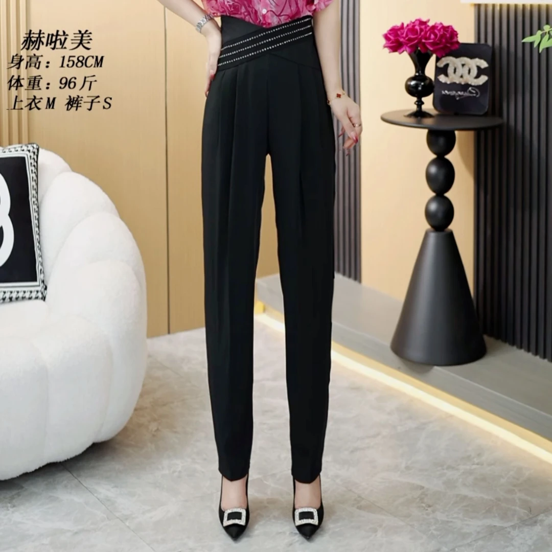 【赫啦美】新款时尚百搭设计款高腰烫钻九分烟管裤女