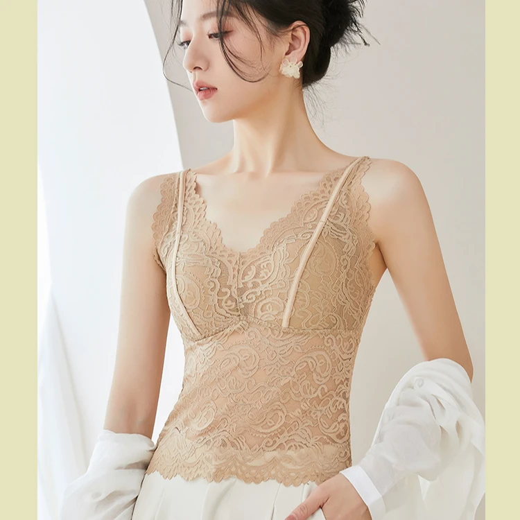 美背蕾丝背心女内搭乳胶一体聚拢胸垫背心性感打底通勤通勤
