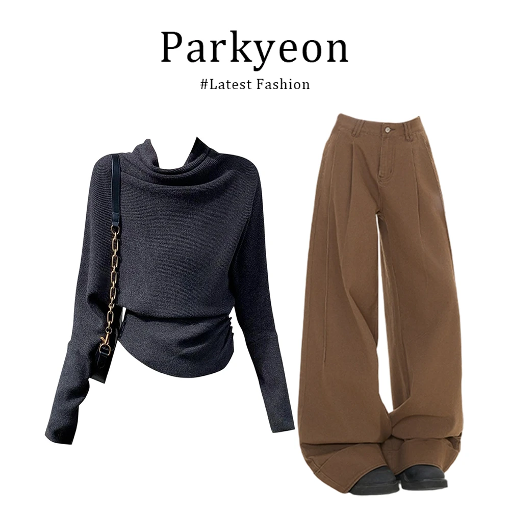 设计感纽扣收腰半高领长袖针织衫女早秋穿搭休闲裤套装