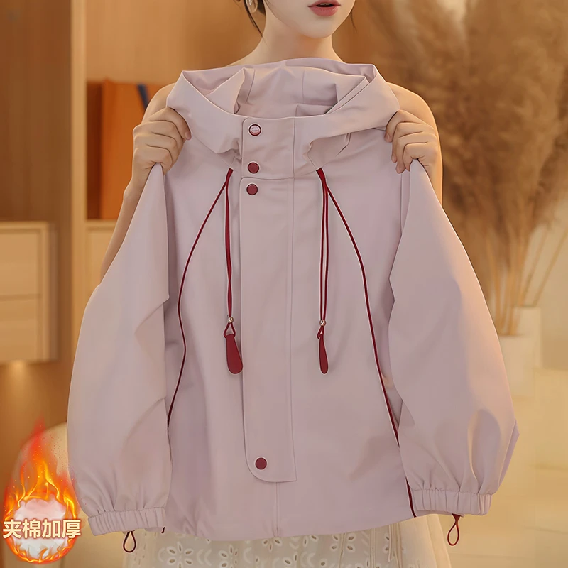 女童夹棉软壳冲锋衣2025新款秋冬连帽初中生夹克加厚外套深秋二棉