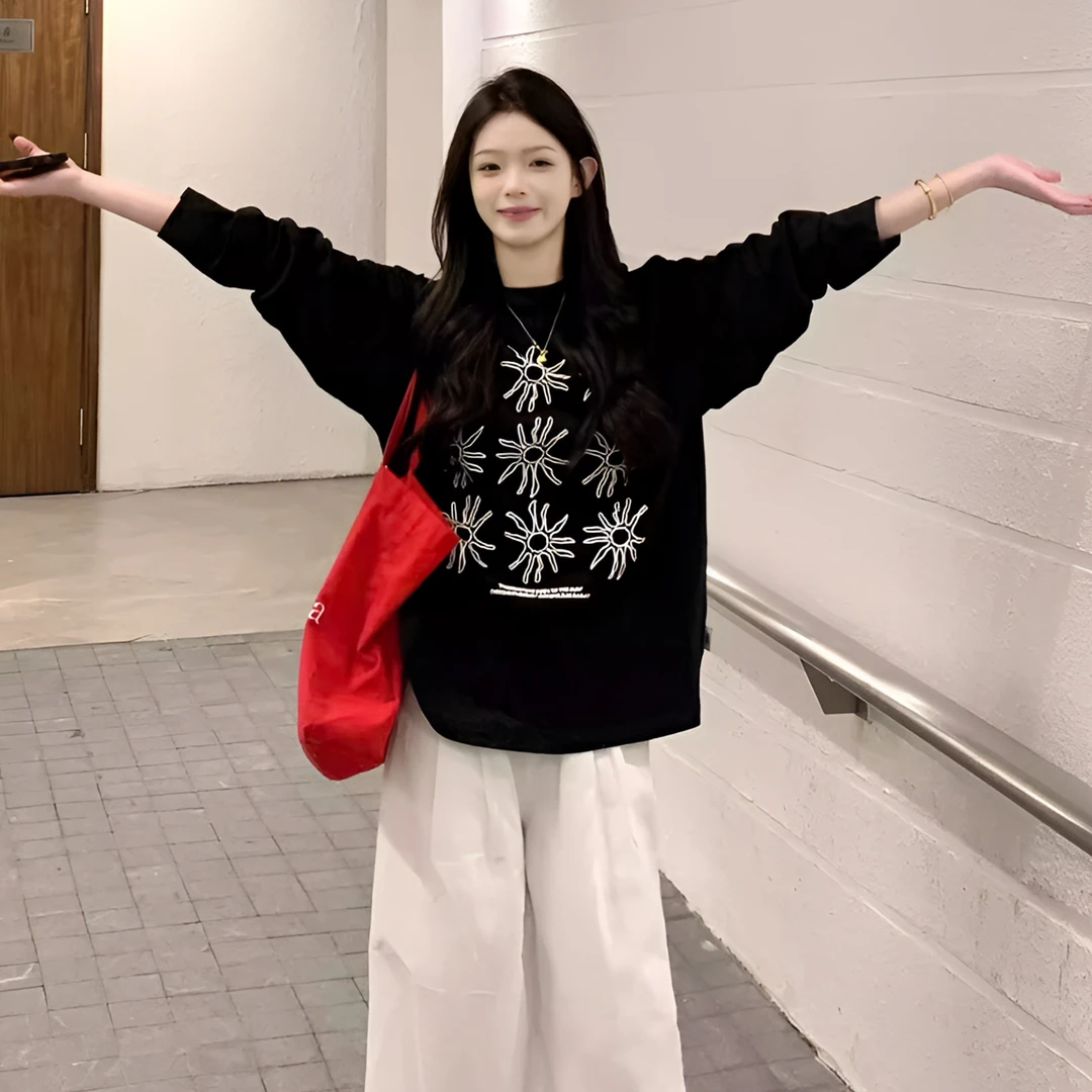 胖mm显瘦ins美式太阳花印花重磅纯棉长袖t恤女秋季早秋长袖上衣