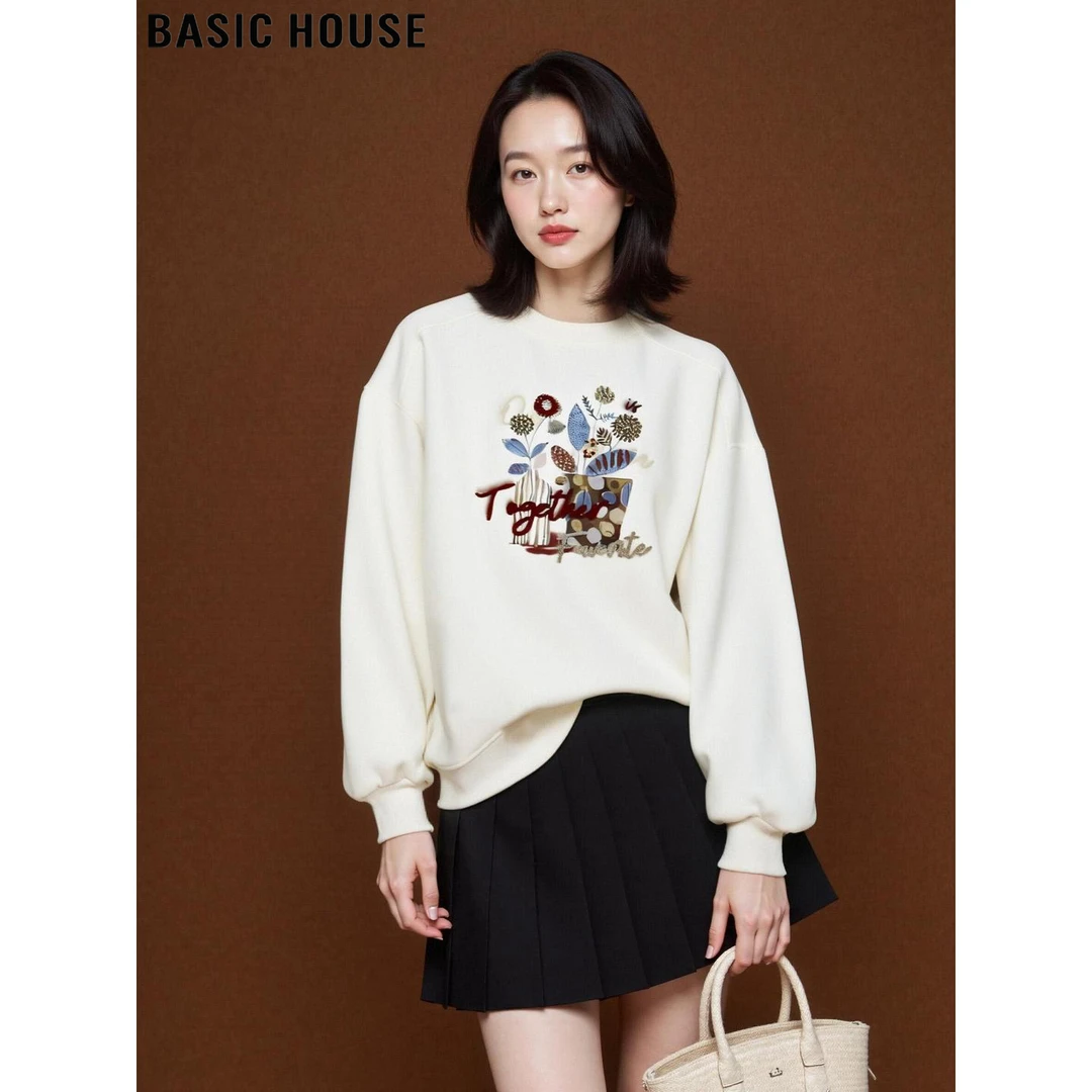 Basic House/百家好韩系慵懒印花圆领卫衣女2025秋季套头休闲上衣