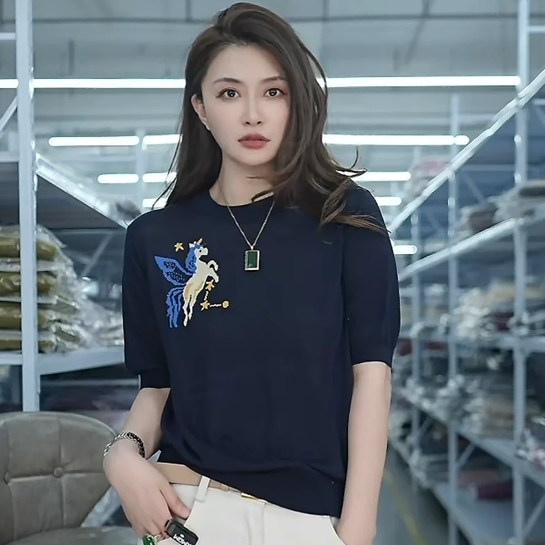 【例畔精选】夏季时尚气质圆领刺绣飞马图案高级感百搭针织衫A047#