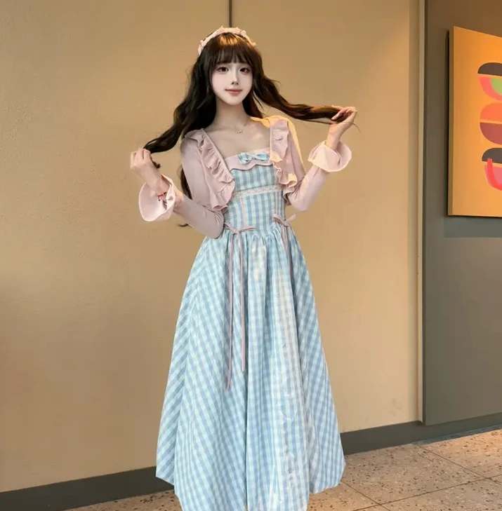 日系可爱甜美蝴蝶结花苞连衣裙女夏季新款粉色防晒衫披肩两件套装