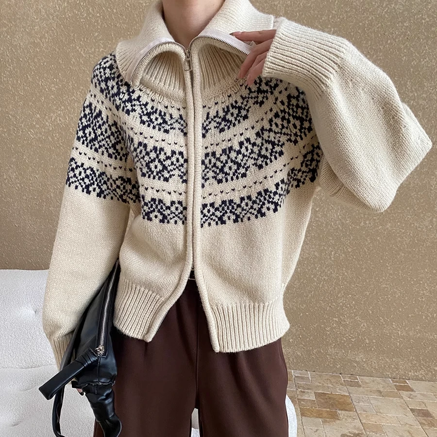 设计感双拉链开衫上衣女秋冬复古费尔岛提花两穿领宽松针织衫毛衣