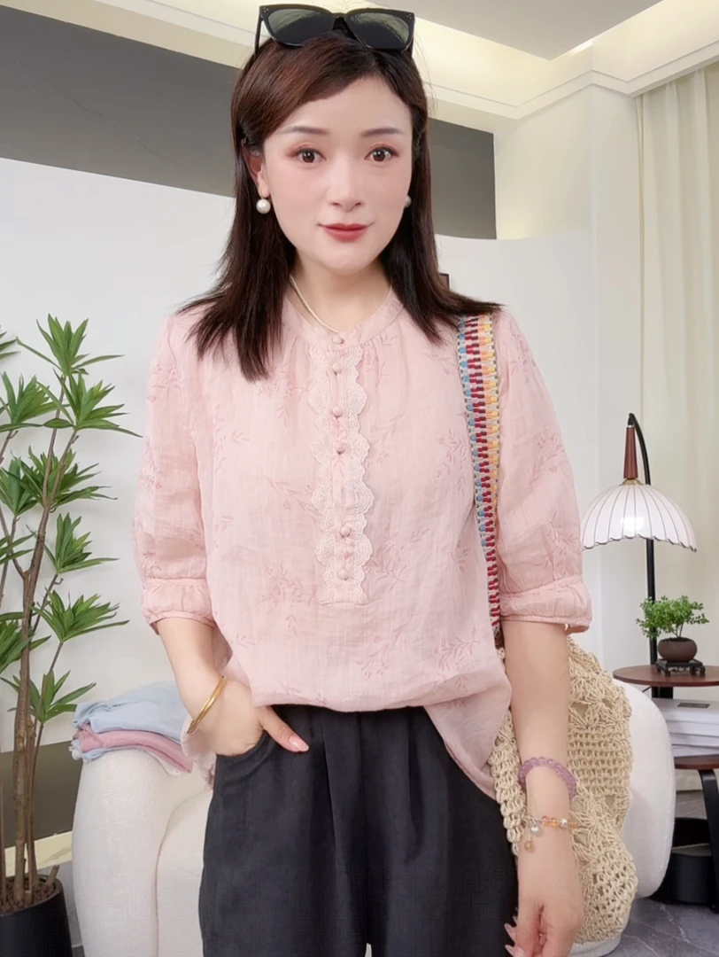 30288 丽丽--复古花边蕾丝设计感减龄显瘦苎麻小衫