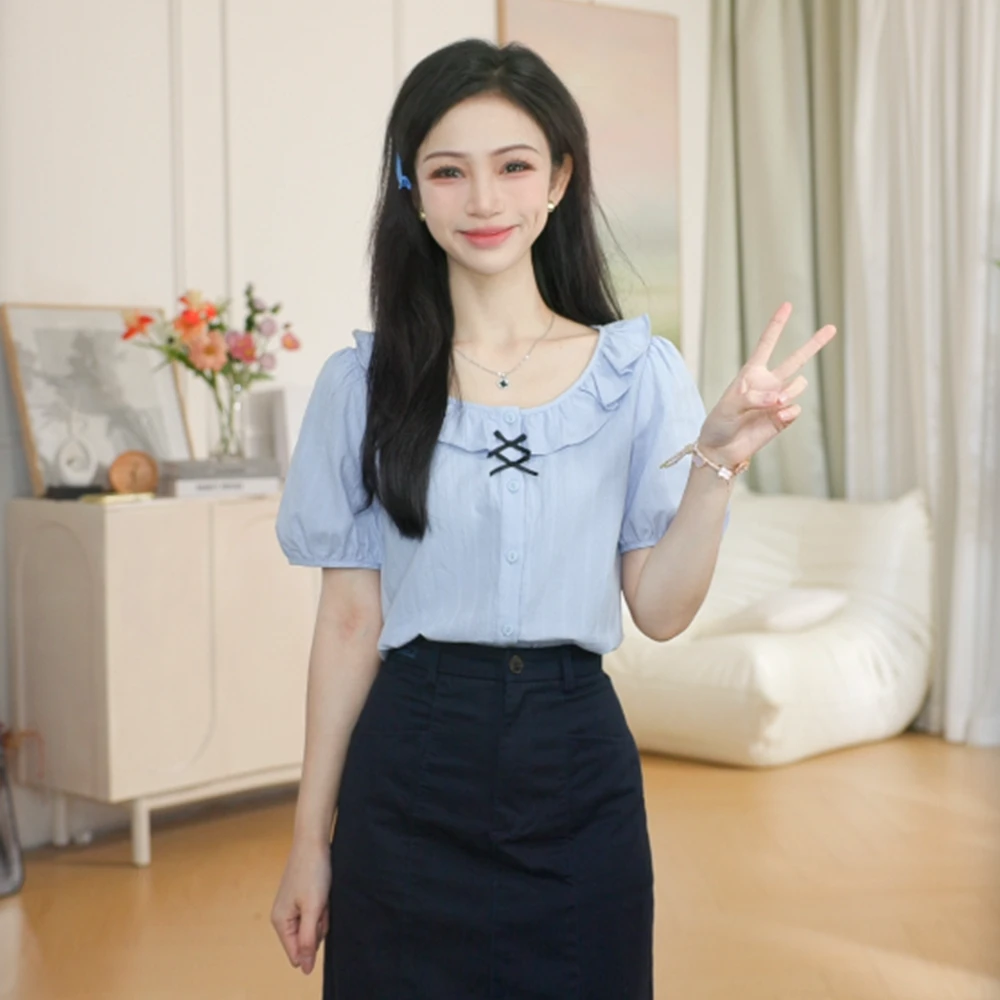 【一秒入夏】茵曼夏季荷叶边领纯棉短袖衬衫法式蝴蝶结显瘦衬衣女