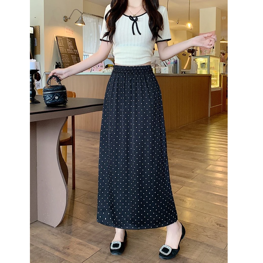 大码黑色醋酸缎面波点半身裙女夏季胖mm高腰垂坠感显瘦a字直筒裙