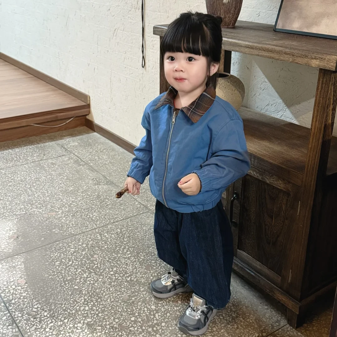 壹妈男女童秋季韩版双面穿夹克外套蓝色上衣休闲洋气牛仔裤套装