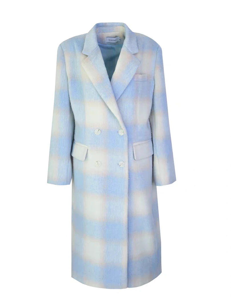 蓝色大海传说高级感格子毛呢外套女2024新款韩系长款大衣百搭西装