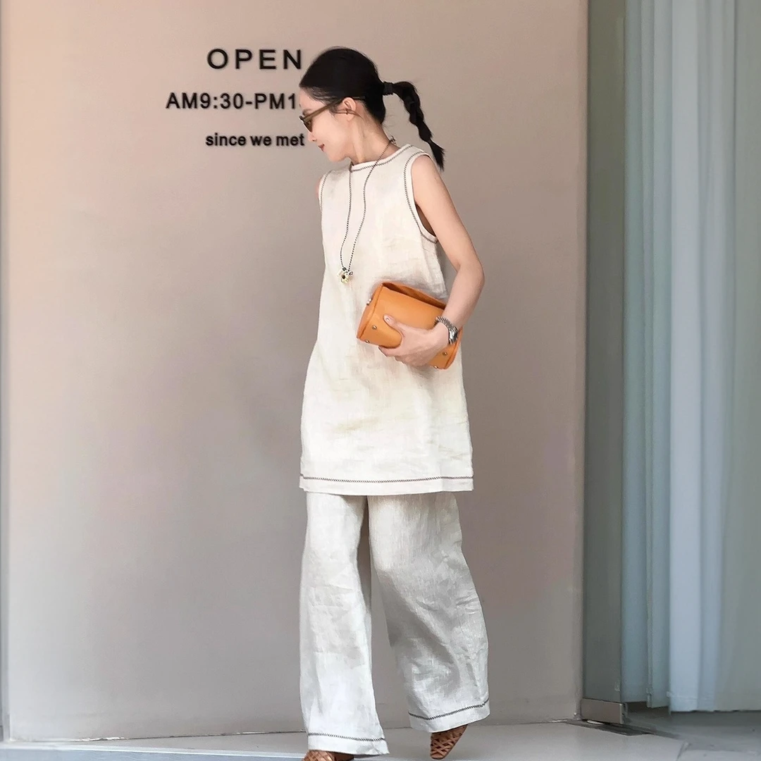 老钱风慵懒亚麻套装女夏小个子时尚穿搭棉麻无袖连衣裙长裤两件套