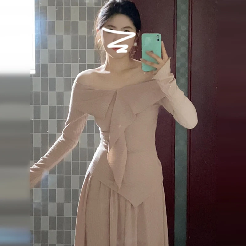 【现货+运补】一字肩针织连衣裙子初秋装女新款早秋一整套长裙5396