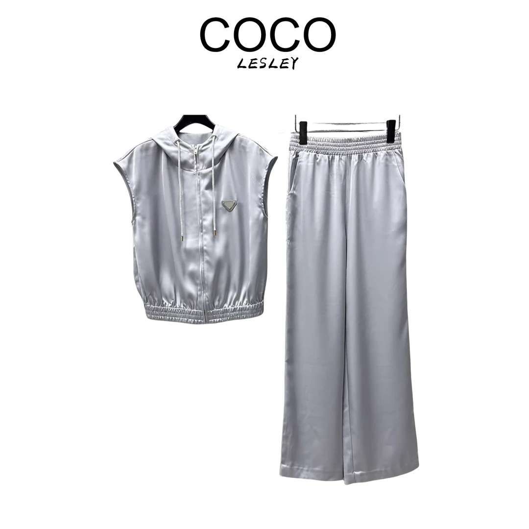 【COCO LESLEY】绸缎无袖拉链短背心+同色系阔腿裤套装msl381