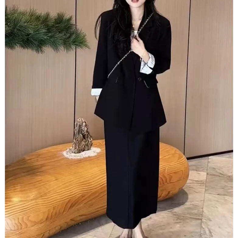 2025春季新款网红时尚显瘦两件套女西装外套后开叉半身裙遮肉套装