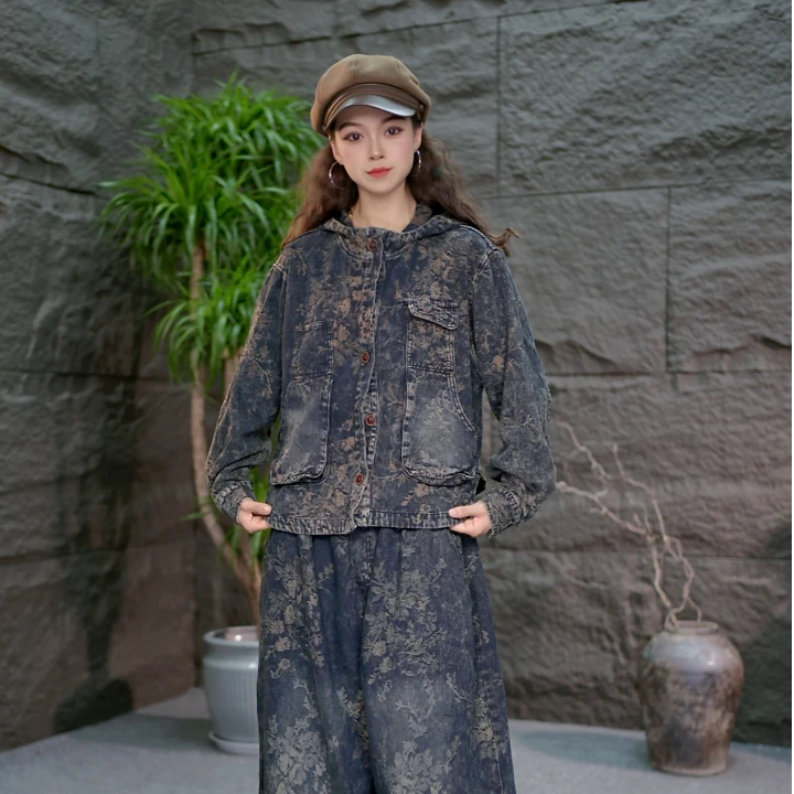 【牛仔提花秋款女装】2025新款宽松显瘦牛仔外套+牛仔裤