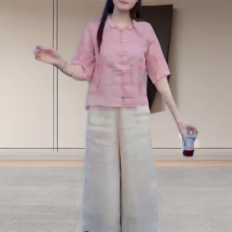 2025夏季新款新中式国风盘扣粉色薄款短袖上衣宽松时尚气质阔腿裤