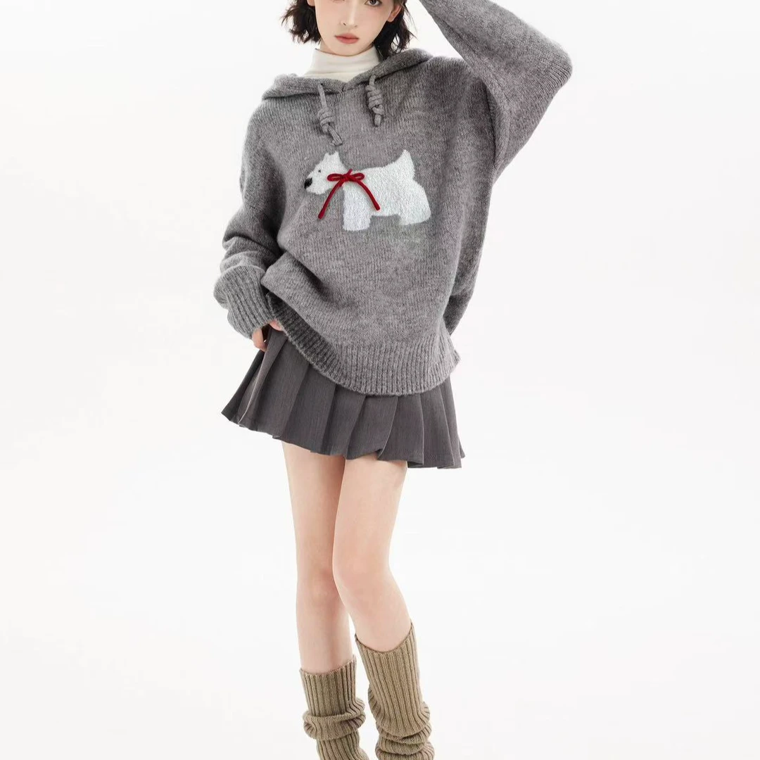婷婷家小狗连帽套头针织毛衣女2024冬季加厚秋冬小个子内搭