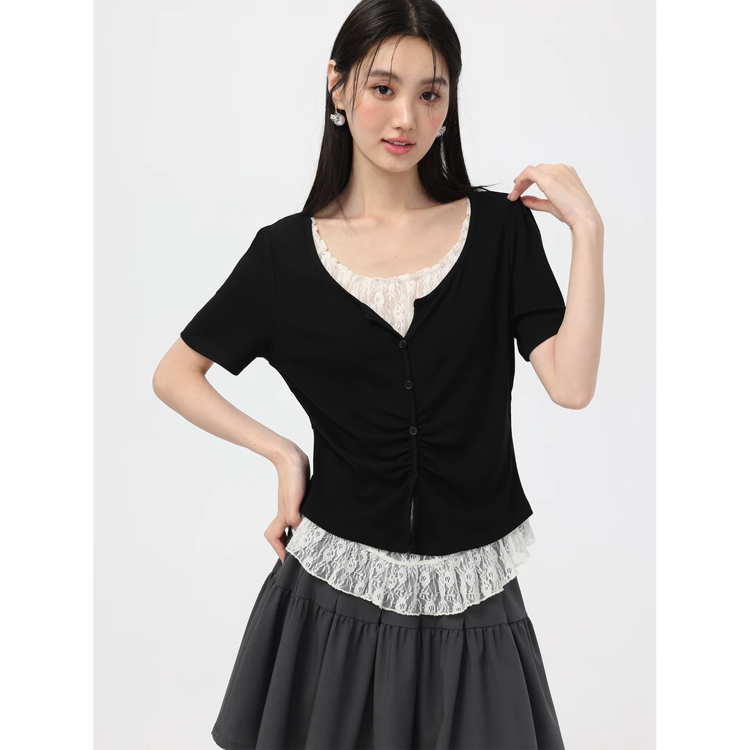 爱蔷薇假两件短袖大码胖mm正肩t恤女夏季蕾丝拼接上衣女GT75700D