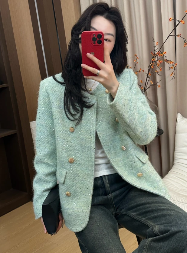 ( 绿色心情 )2025冬季款亮片双排扣气质时尚小香风羽绒服外套2