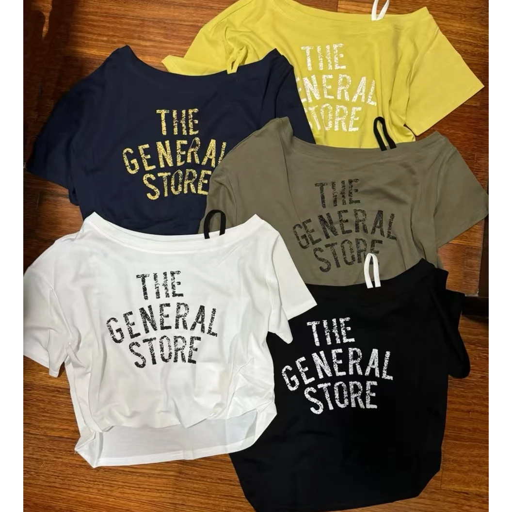 贝姐同款【字母斜肩短袖T恤】夏季新款~高级感印花短袖T恤8566