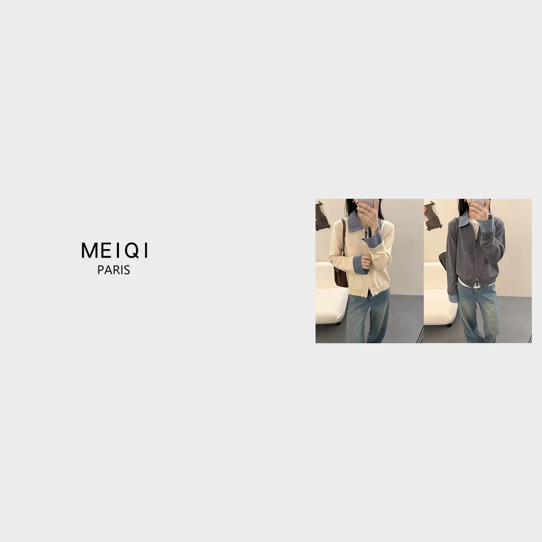 MeiQi 岛国订单！日系翻领双拉链拼色假两件针织衫上衣秋冬A3849