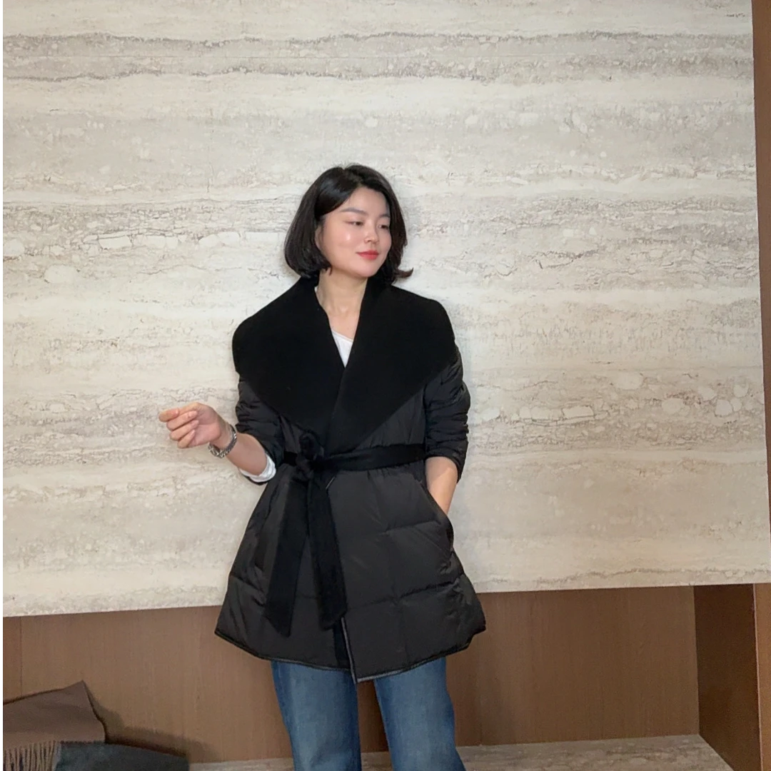 TANTAN时尚百搭收腰系带绵羊皮拼接休闲鹅绒服4209