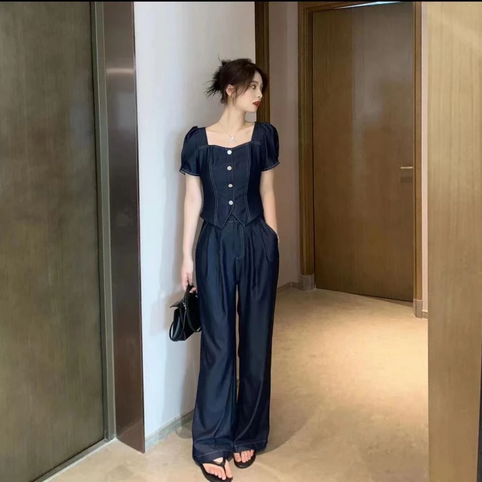 港风时尚套装方领泡泡袖短款上衣高腰阔腿裤洋气显瘦两件套女夏季