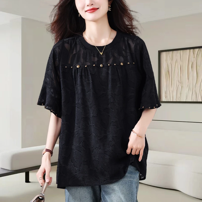 黑色提花短袖雪纺衫女士2025夏季新款时尚宽松遮肉设计感钉珠上衣