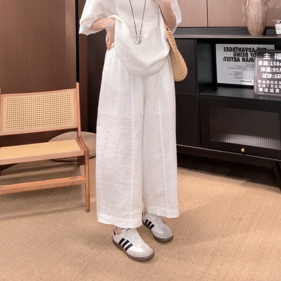 相菲一春夏新款夏季宽松100亚麻时尚显瘦百搭高腰抽绳休闲裤女
