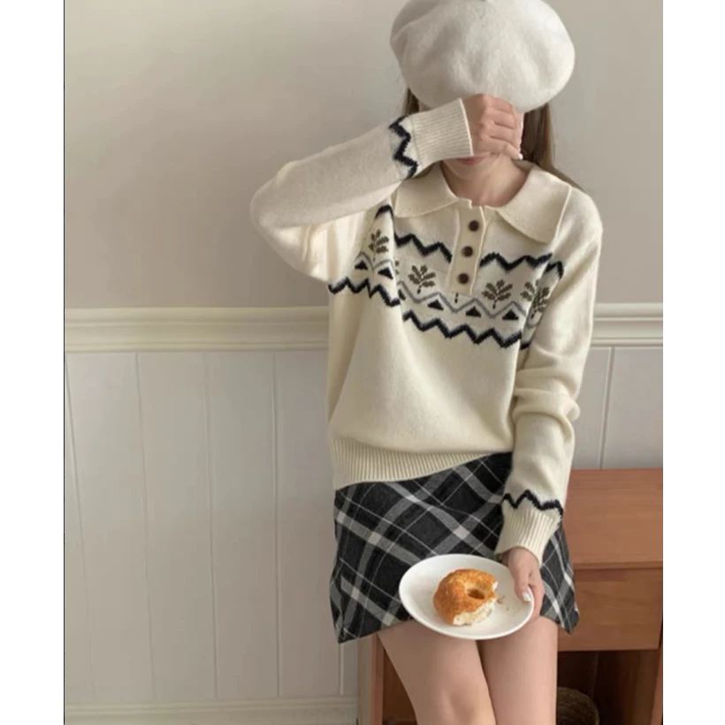 【大喜】韩系费尔岛波浪提花 polo领 翻领针织衫毛衣