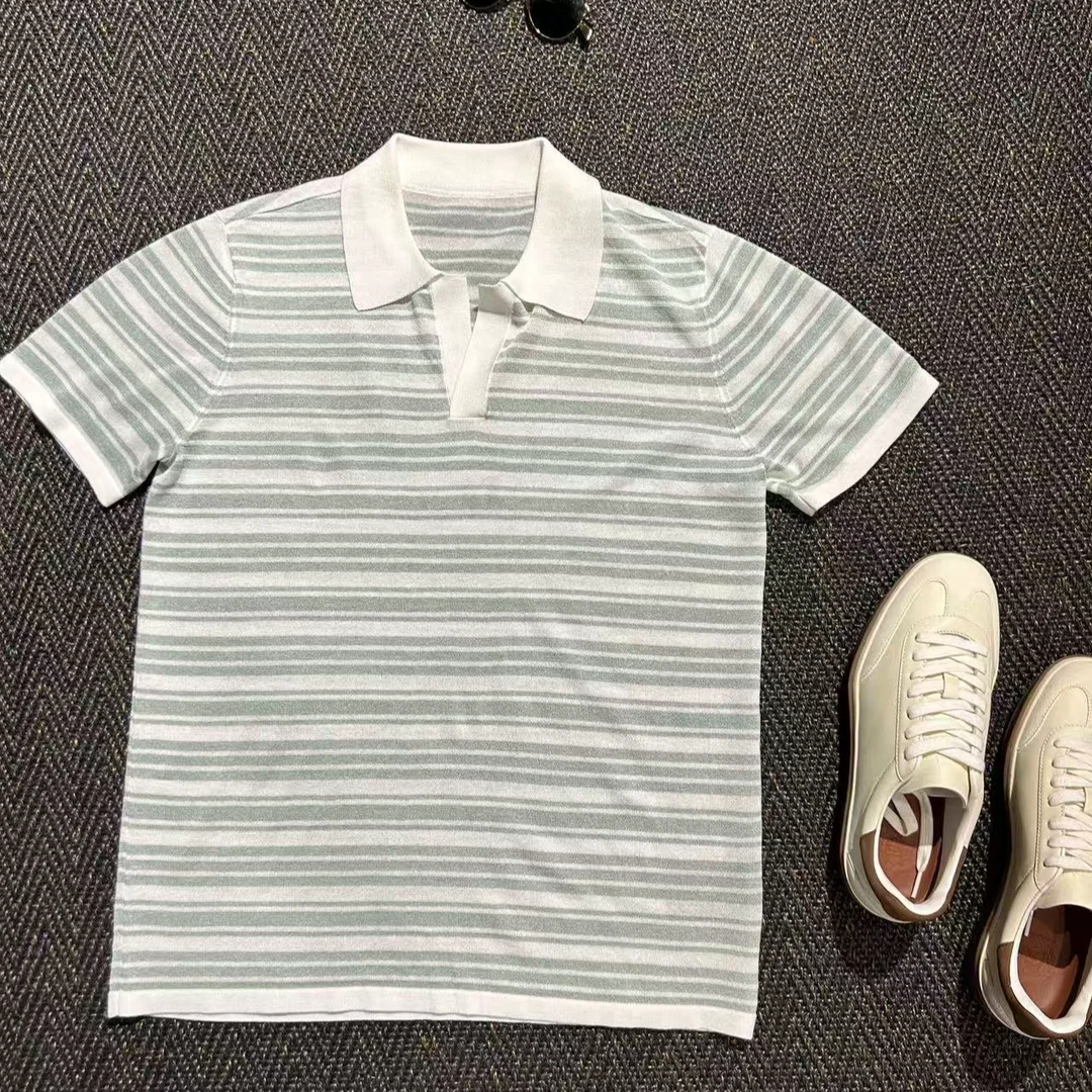 夏季男士时尚 Z系冰丝亚麻混纺海鸥领条纹针织百搭短袖POLO衫男