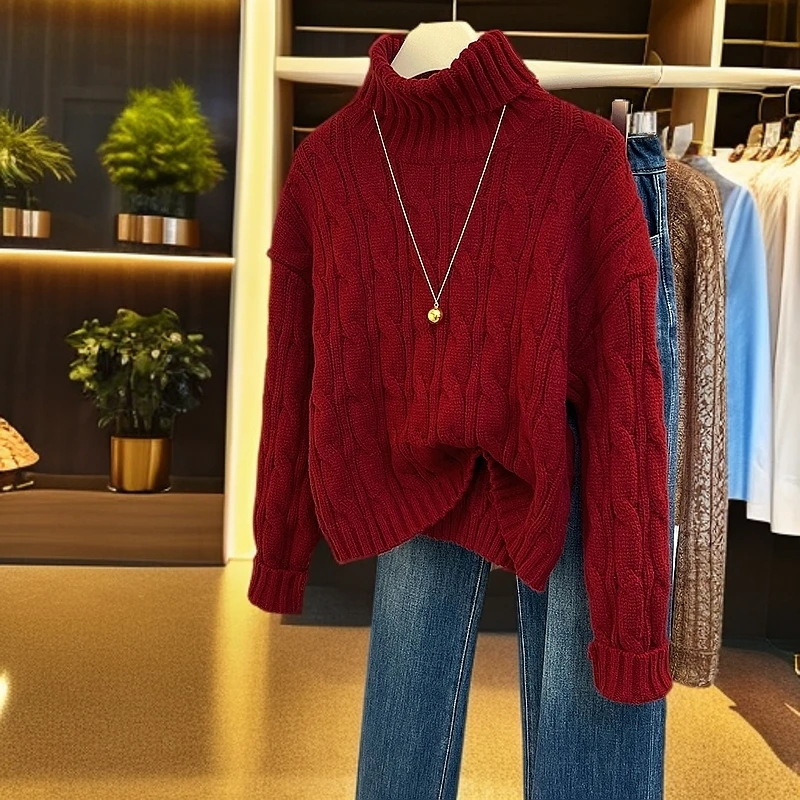 新年本命年红色高领立领针织毛衣女秋冬季加厚高级感时尚洋气上衣