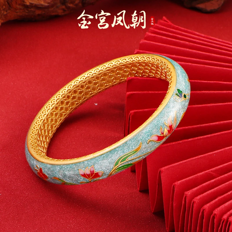 足银珐琅手镯 金宫凤朝俪兰福蝶足银999珐琅实心镯国风宫廷银手镯