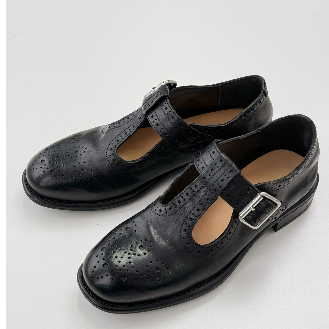 小众高货 T字带法式复古雕花英伦风百搭水洗牛皮玛丽珍鞋手工鞋女