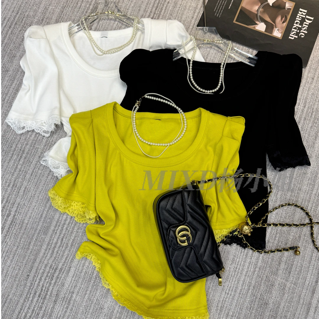 【MIXD杨小姐定制】2025夏款高弹洋气泡泡袖拼接蕾丝显瘦短袖上衣