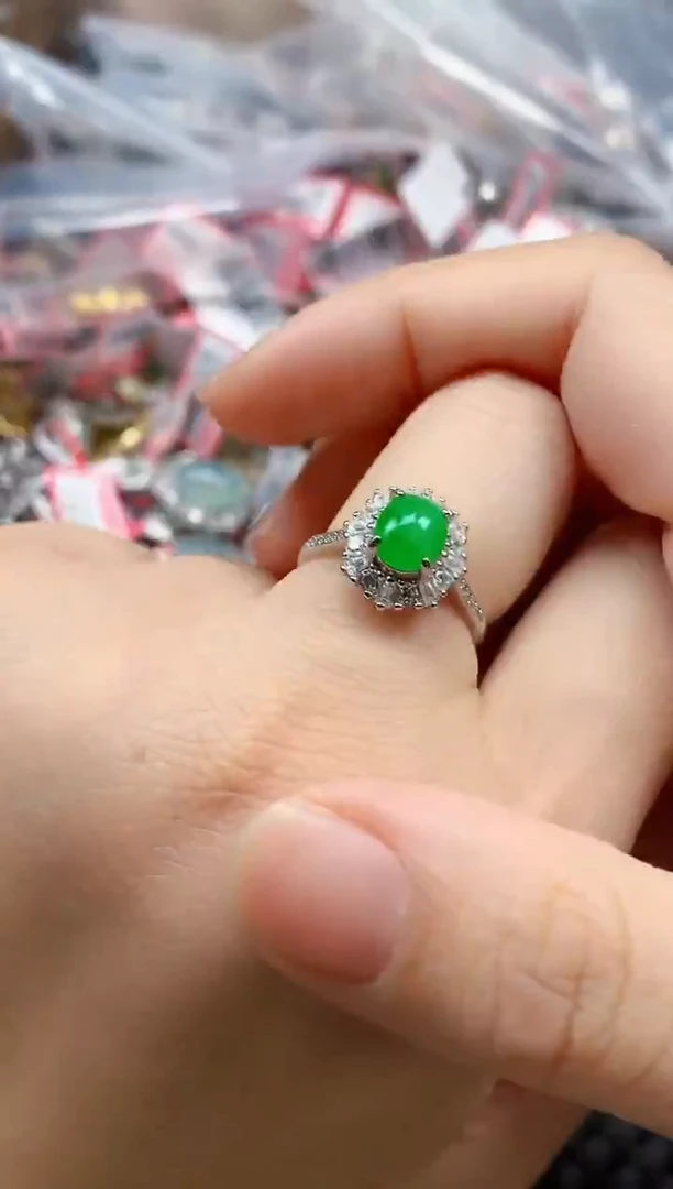 银S925镶嵌戒指翡翠天然A货缅甸翡翠