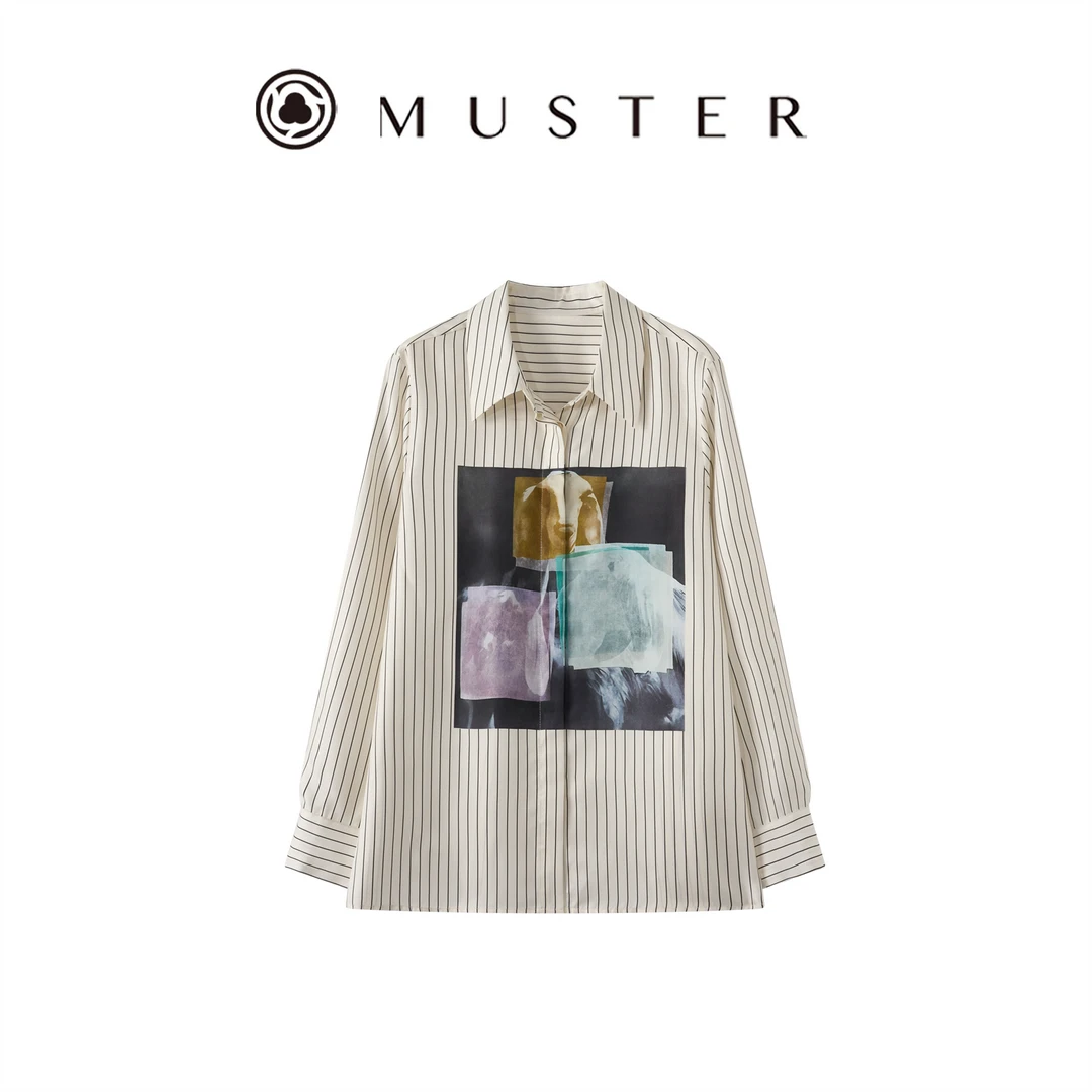 MUSTER2025春季新款通勤时尚法式设计感印花条纹长袖衬衫