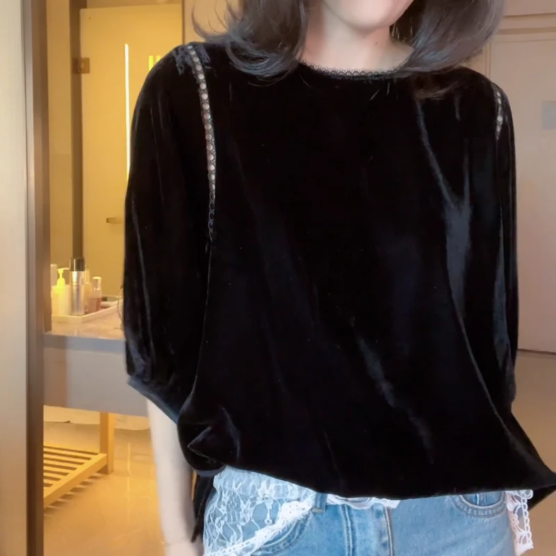 2025打底新款设计感秋冬气质灯笼袖上衣LK2501382洋气黑色时尚