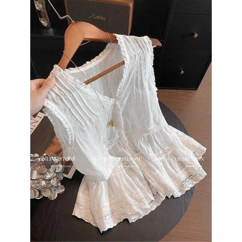 纯欲风镂空蕾丝拼接V领无袖衬衫女2025夏季新款甜美减龄气质上衣