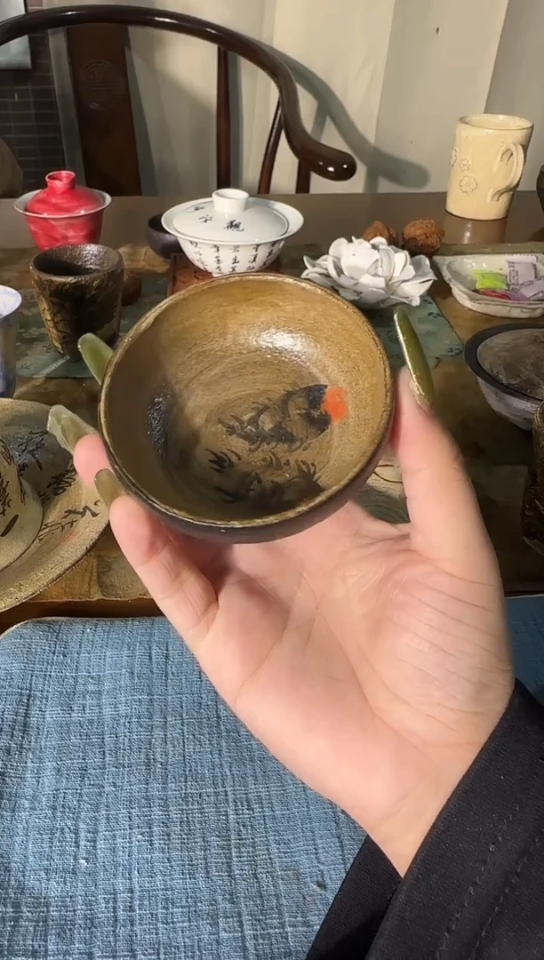 瓷片自**在手作粉引手绘芋头高脚普洱杯