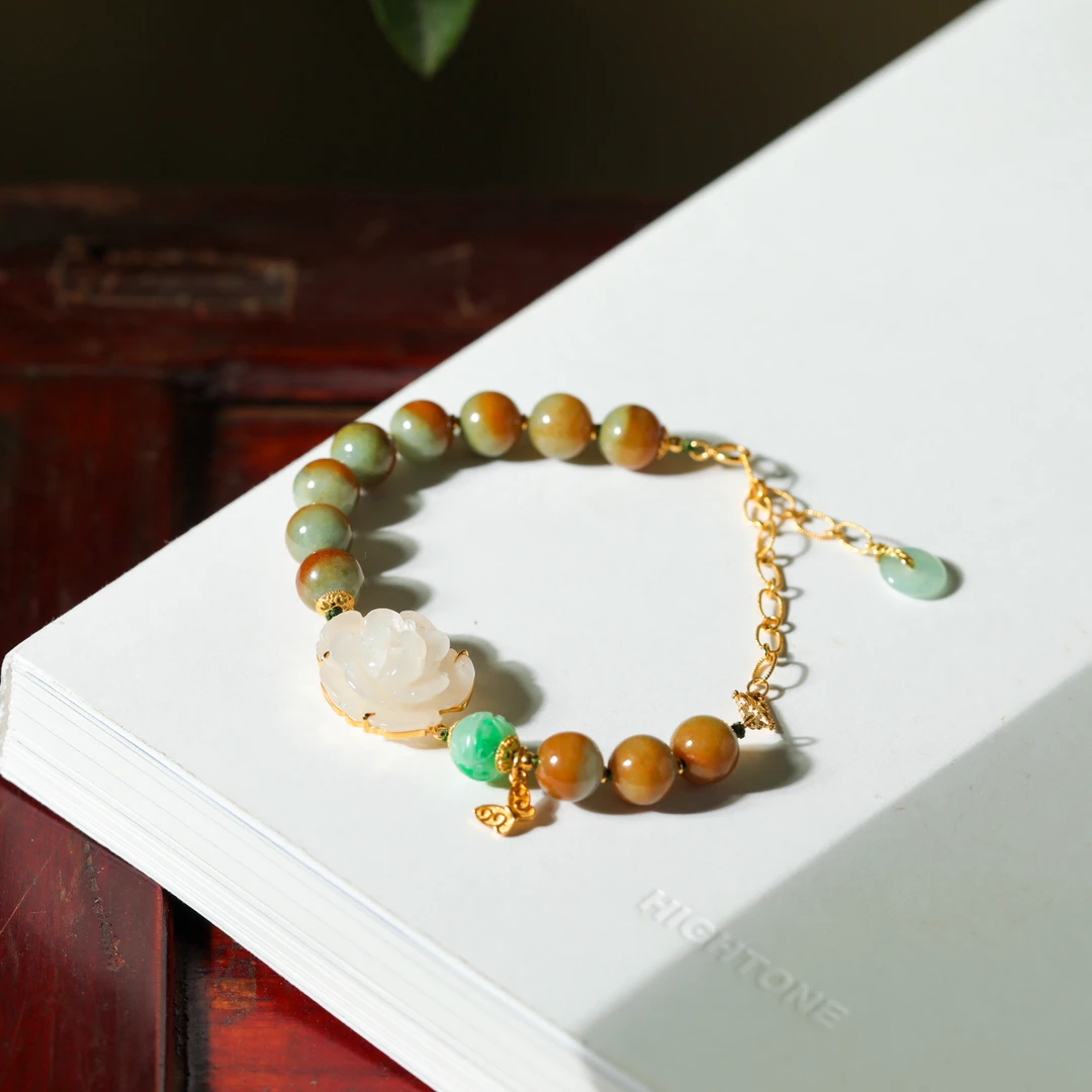 【意婵】天然高品翡翠单圈18k金和田玉雕花-902033