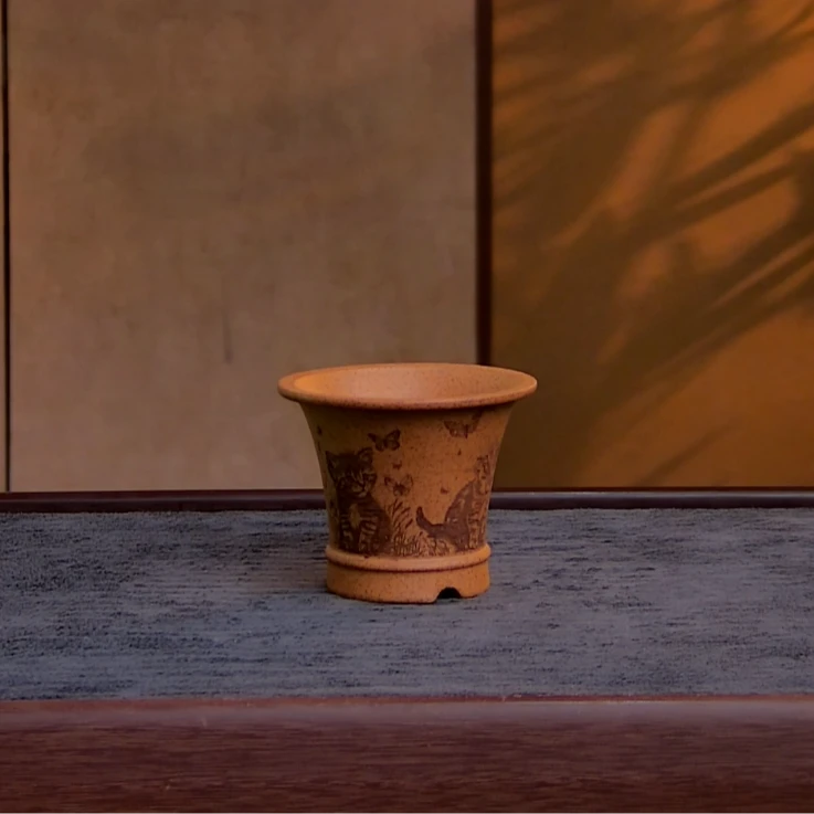 内径8.5*7cm紫砂龙骨金砂高温复烧猫蝶图(耄耋图)传统国画花盆