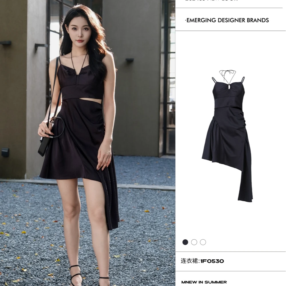 APL-黑色吊带拼接气质连衣裙1F0530时尚