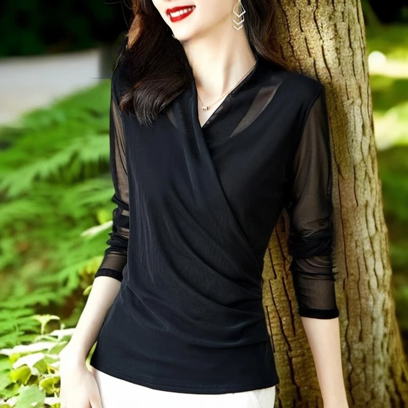 GPTSu春秋季大码显瘦内搭打底衫长袖T恤女休闲上衣高级感v领黑色