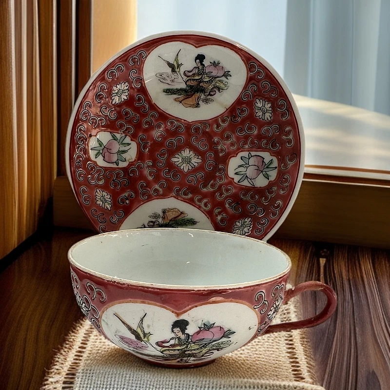 {微瑕慎拍}麻姑献寿粉彩景德镇高温陶瓷咖啡杯