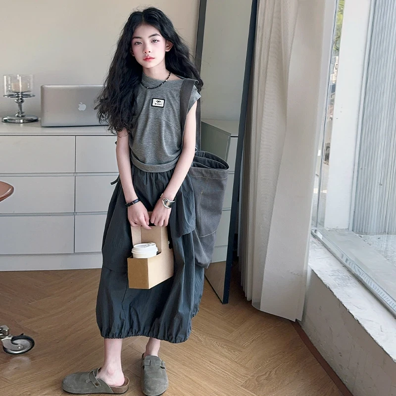 【白弟Maila】女童无袖抽绳背心小众花苞裙套装夏季韩版工装裙子