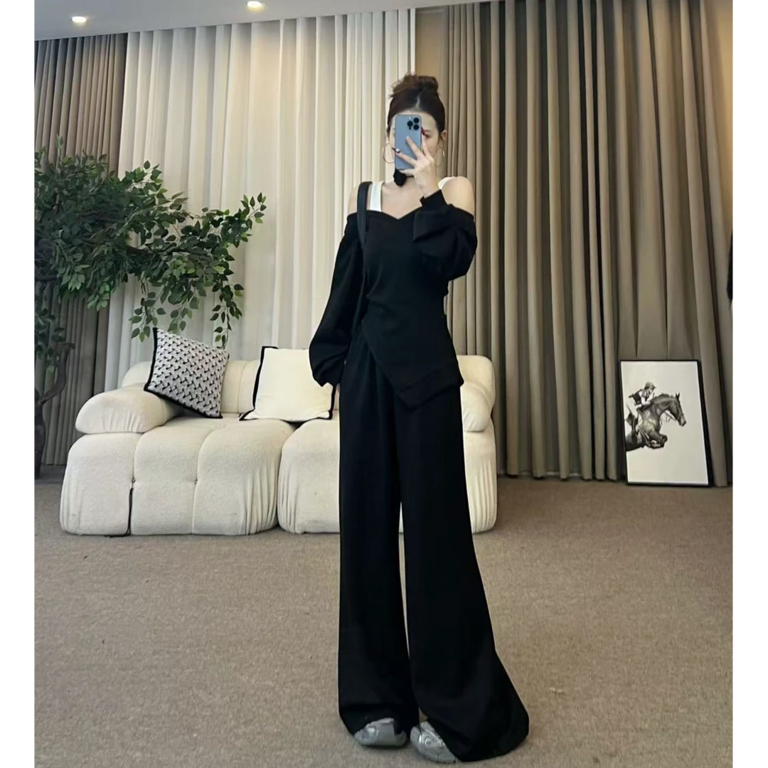 XIAOQIN【清逸出尘】春季慵懒松弛感长袖女休闲阔腿长裤两件套2508