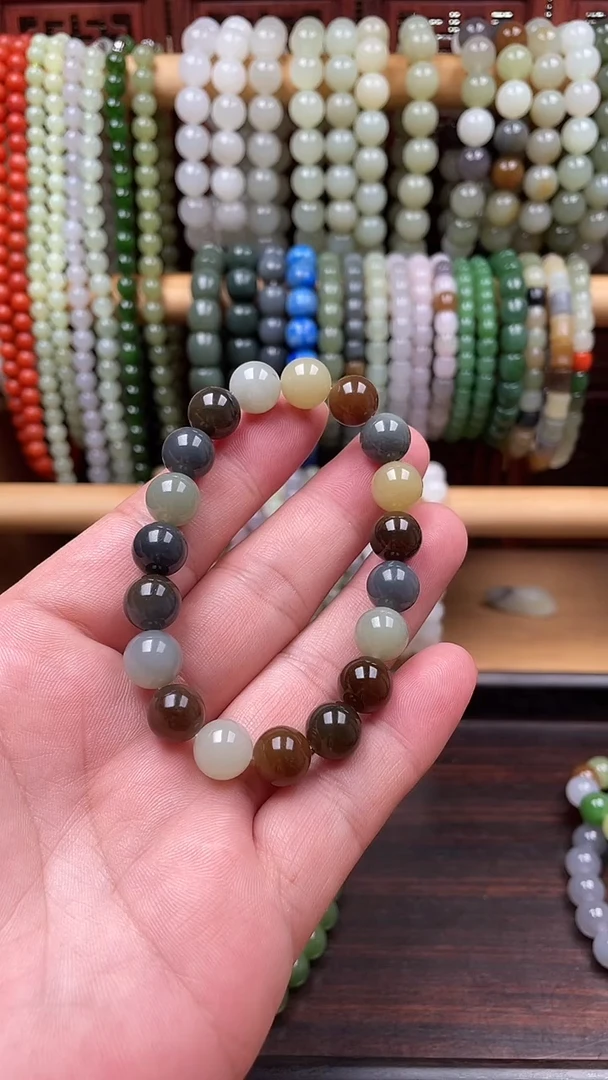 手串未镶嵌和田玉楼兰三色卡十圆珠单圈手串